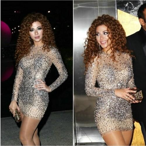 Kylie jenner Silver Beaded Myriam Fares Long Sleeve Custome Hot Sparkly Short Sexy Party Prom Free Shipping Celebrity Dresses