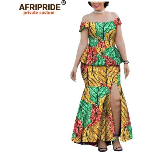 2020 spring wax african clothes 2 pieces skirt set for women AFRIPRIDE strapless top+ankle length split skirt women set A1926001