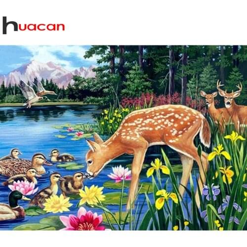 Huacan 5d Diy Diamond Painting Mosaic Deer Full Square/round Diamond Embroidery Animal Lake Scenery Decor Home