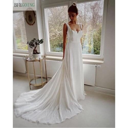 Ivory Satin Chiffon Straps Floor-Length A-Line Wedding Dresses Chapel Train Sleeveless Bridal Gowns Custom Made
