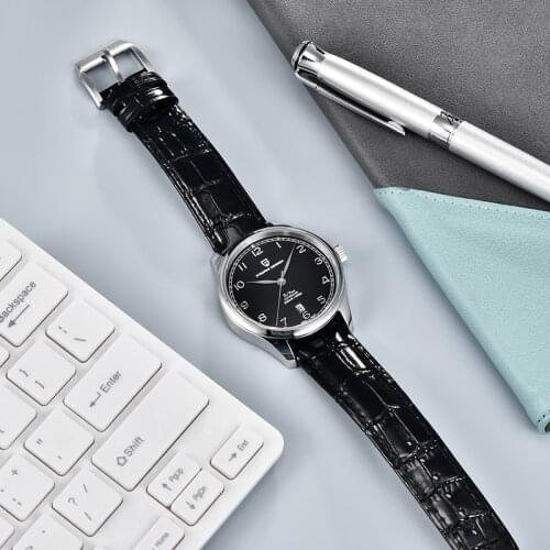 PAGANI DESIGN Automatic Mens Watch NH35 Movement Pilot Watch with Black Dial 41mm Case 200M Waterproof Sapphire Leather Watches