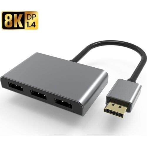 DisplayPort v1.4 to 3x DisplayPort MST Hub With Micro Power 8K/4K@60Hz Aluminum Alloy Audio and Video Converter DP 1.4 Adapter