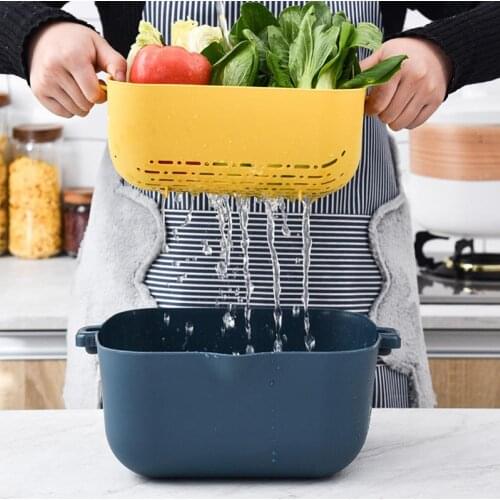 Handle Double Layer Kitchen Fruit Vegetable Food Washing Strainer Plastic Quick Draining Basket