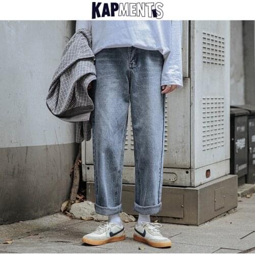 KAPMENTS Men Vintage Solid Japanese Cargo Jeans 2021 Spring Mens Harajuku Casual Streetwear Denim Pants Male Blue Loose Joggers