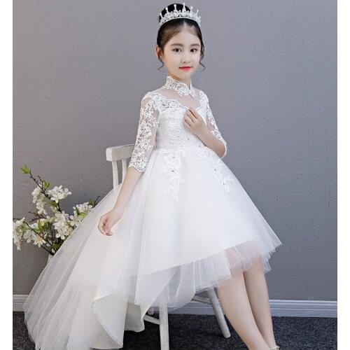 Elegant Girl White Tulle Princess Flower Girl Dress Bead Lace Wedding Christening Gown Girl Party First Communion Dresses