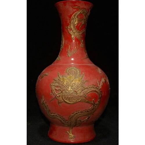 11"China Red Glaze Porcelain Gilt Dragon Loong Flower Bottle Vase Wine Jar Flask