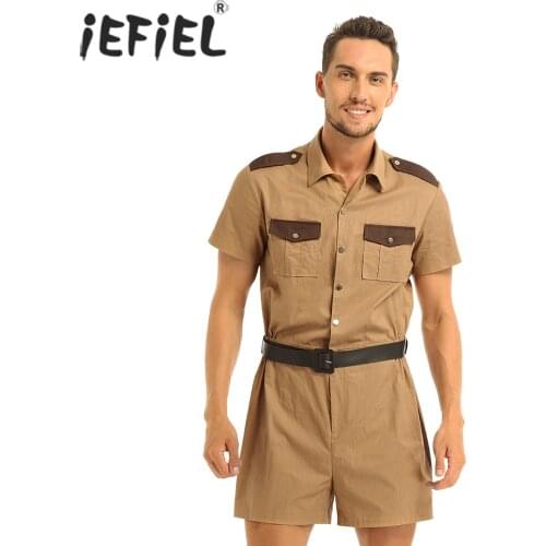 IEFiEL Men Adults Reno 911 Comedy Officer Cosplay Halloween Costume Turn-down Collar Front Button Down Jumpsuit Romper with Belt
