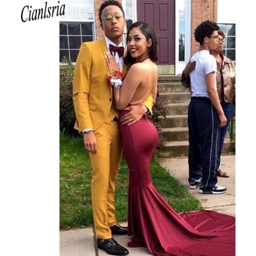 Yellow&Red Mens Suits And Mermaid Women Prom Dress Men Business Pants Suit Tailored Wedding Tuxedos Couple Party Wear