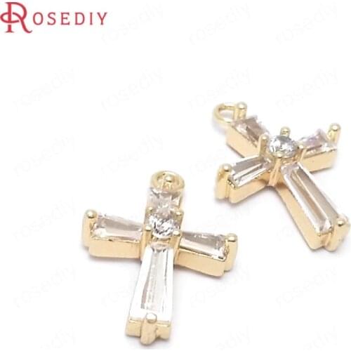 33989)4PCS 18*13MM 24K Gold Color Plated Brass with Zircon Cross Charms Pendants High Quality Diy Jewelry Findings Accessories