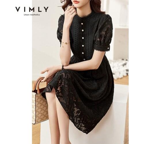 VIMLY Summer Elegant Lace Dresses Women Puff Sleeve Chiffon Dress Office Lady Buttons Elastic Wasit A Line Mini Dresses F7710