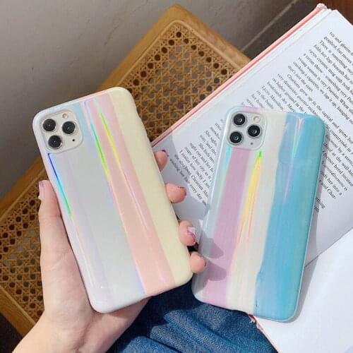 For iPhone 12 Pro Max Mini 11 XS XR SE 2020 7 8 Plus Case Cream Color Rainbow Laser Soft Anti-fingerprint Shockproof Cover Funda
