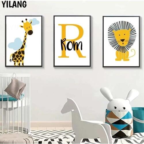 Giraffe Lion Baby Animal Poster Boys Custom Name Canvas Print Nursery Wall Art Paintings Nordic Baby Room Picture Wall Decor