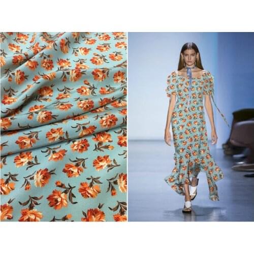 140 * 50cm Pure Silk Crepe -De-Chine Fabric Brand Mint Green Orange Small Floral Printed Dress Shirt Advanced Design Materials