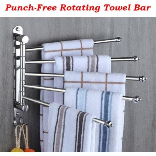 2/3/4/5Rob Punch-Free 304 Stainless Steel Rotating Towel Rack Bars Toilet Bathroom Balcony Towel Holder Storage Shelf with Hook
