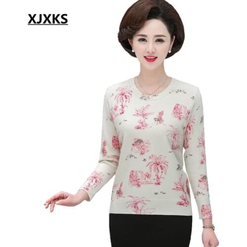 XJXKS New 2020 Printed Oversized Sweater Women Fashion O-neck Long Sleeve Wool Flower Print Top Jumper Plus Size Sweaters