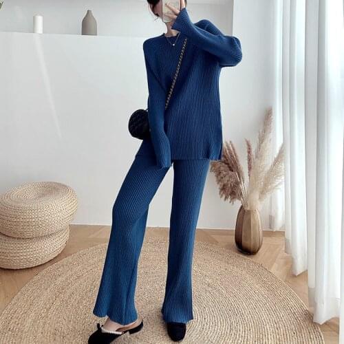 Autumn Winter Korean Round Neck Side Slit Sweater All-Match Wide Leg Pants Trousers Two Piece Suit Women Knit Outfit Set y1060