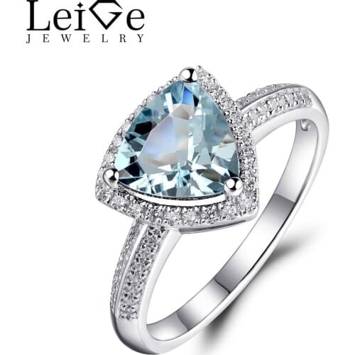 Leige Jewelry Aquamarine Engagement Ring for Women March Birthstone 925 Sterling Silver Ring Triangle Cut 8X8mm Natural Gemstone