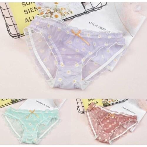Daisy Print Mesh Women Underwear Sexy Transparent Hollow Out Underpants Ladies Lace Panties Seamless Briefs Lingerie