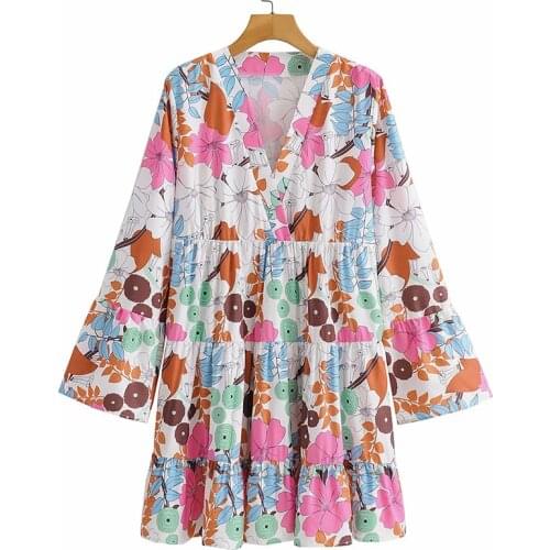 YENKYE Vintage Women Multicolor Floral Print Dress Female Flare Sleeve V Neck A-line Holiday Summer Dress Casual Short Vestido
