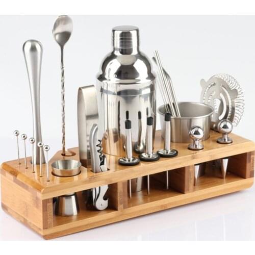 23pcs Cocktail Shaker Bartender Kit Stainless Steel Wine Drinking Mixer Bartending Tool with Wooden Stand for Home Bar Party