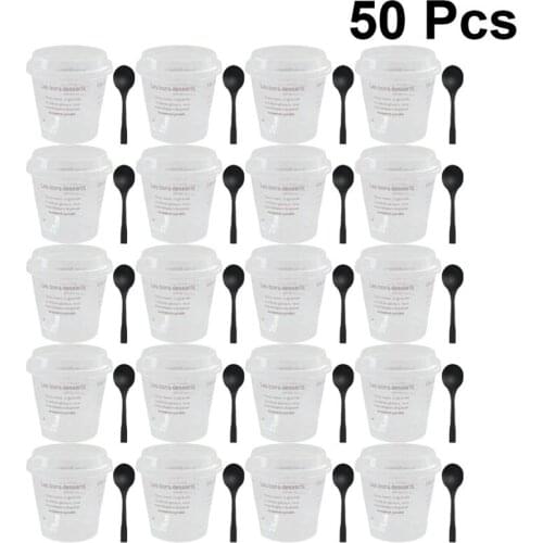 50 Sets of Disposable Mousse Cup DIY Tiramisu Cup Plastic Dessert Cup Creative Dessert Container with Spoon and Lid Coffee