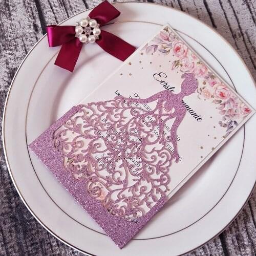 50X Purple Glitter Floral Personalized Print Sweet 16 Birthday Invitations Multi Color Laser Cut Pocket Wedding Greeting Cards