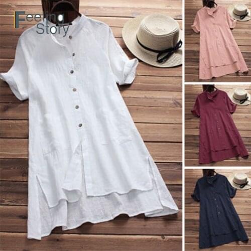 5X Big Size Dresses Summer 2020 Cotton Linen Shirt Women Button Up Long Womens Tunic Blouse Loose Short Sleeve Solid Irregular