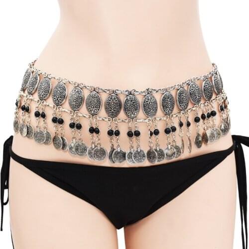 New Fashion Coin Tassel Waist Chain Bohemian Travel Commemorative Belly Dance Body Chain Girl Black Gem Ornament