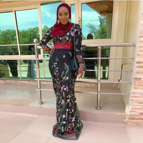 Black Print Lace Mermaid Evening Dresses High Collar Long Sleeve Muslim Special Occasion Gowns Vestidos De Fiesta