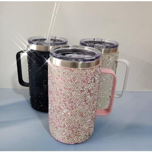 750ml Stainless Steel Rhinestone Coffee Travel Cup With Handle Lid Diamond Vacuum Insulated Mug Drink Water Bottle Women Gifts