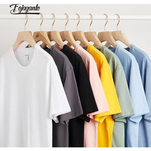 FOJAGANTO Summer Mens Solid Cotton T Shirt Loose Casual Short Seeve Clothing Solid Color Round-Neck Basic T-Shirt Male
