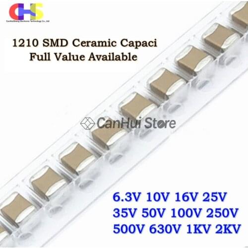 20Pcs 1210 SMD Capacitor Kit 3225 1uF 2.2uF 4.7uF 10uF 22uF 47uF 100uF 220uF 104 105 106 K 6.3V 10 16 25 35 50 100 250 V 1KV 2KV