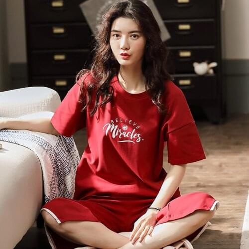 Summer Cotton Women Pajamas Set Letter Pyjamas Women Short Sleeve Casual Soft Sweet Female Sleepwear Pyjama Femme Big Size M-XXL