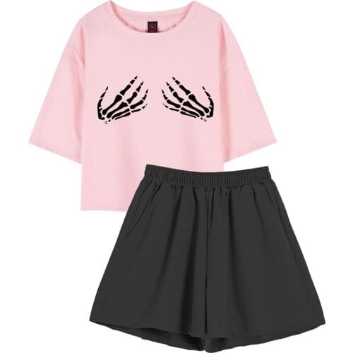 Summer Gothic T-shirt Cotton Female New Skull Print O-neck Short Sleeve Top Sexy Skeleton Skull Women Crop Tops Sleepwear Shorts