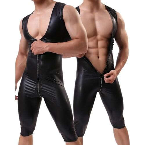 PVC Men Bodysuits Zipper Open Crotch Faux Leather Jumpsuits Wrestling Singlet Leotard Wetlook Lingerie Erotic Crotchless Catsuit