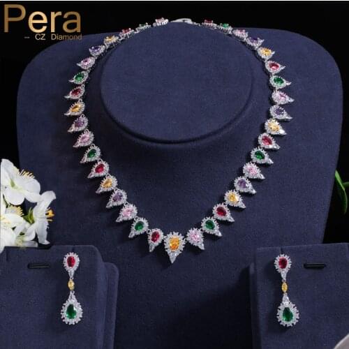 Pera Unique Women Colorful CZ Crystal Long Big Pear Dangle Drop Earring and Necklace Pendant Set for Wedding Bridal Jewelry J049