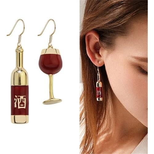Niche design asymmetric red wine bottle wine glass earrings European and American temperament fashion individual earrings