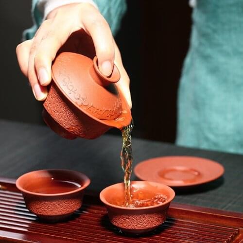 Yixing tureen with 2 cups purple sand ore mine kung fu drinkware