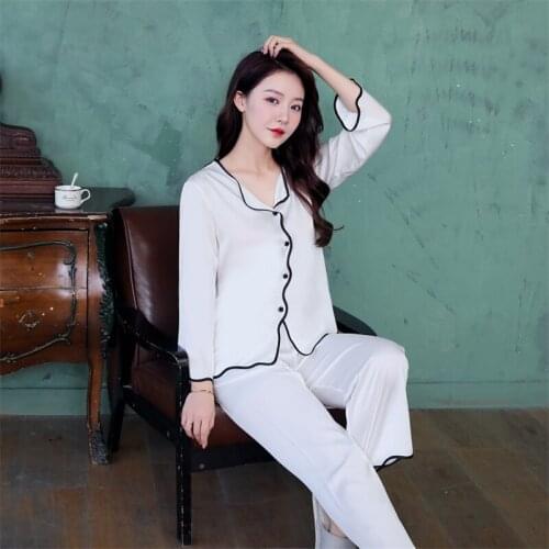 Women Pajama Sets Long Sleeve Button Sleepwear Leisure White Satin Homewear Nightwear
