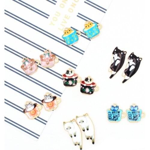 10pcs/lot New Cute Teacup cat Charm Pendants animal Enamel Charms for DIY Earring Jewelry Handmade Finding XL721