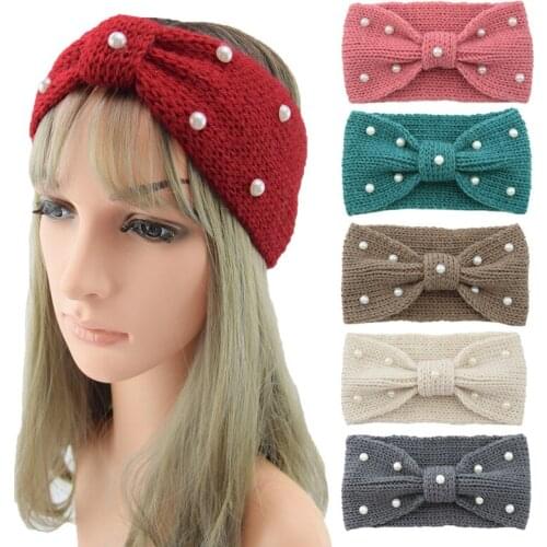 2020 Winter Warmer Ear Knitted Headband Turban For Lady Women Crochet Bow Pearl Stretch Solid Hairband Headwrap Hair Accessories