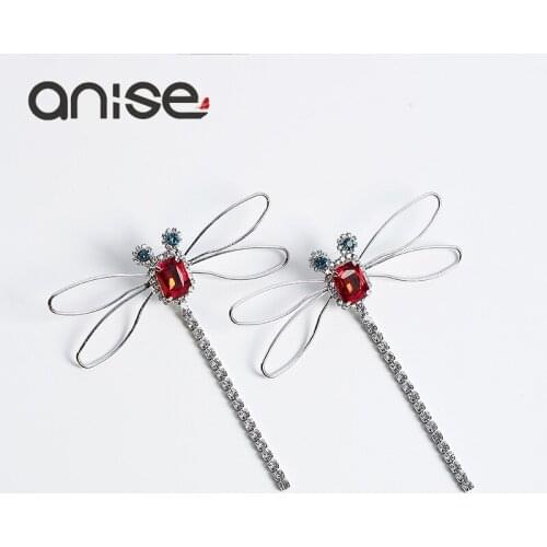 Anise Exquisite Red Dragonfly Stud Earrings Full Rhinestone Tassel Big Earrings For Woman Fashion Oorbellen Jewelry