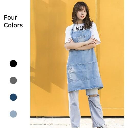 Retro Cotton Denim Apron Home Outdoor Barbecue Barista Cake Baking Shop Work Clothes Fashion