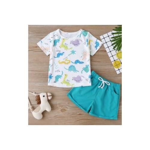 Little Boy’s Short-sleeved Shorts Set Cartoon Dinosaur Round Neck Tops and Solid Color Short Pants