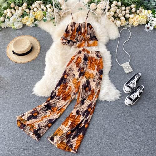 Womens Summer Sets Vacation Style Printed Short Camisole Pleated High-waist Wide-leg Pants Two-piece New Casual Sets NN96A
