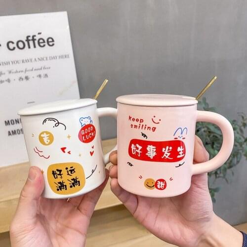 Korean Mug Lovely Cartoon Blessing Language Ceramic Cup With Cover Spoon Office Tea Coffee Cup Student Gift Mark Cup Coffee Mug