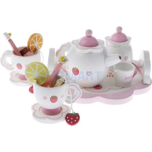 Miniature Dollhouse Wooden Strawberry Themed Afternoon Tea Set Food Kitchen Pretend Play Set Restaurant Decoration Accessories