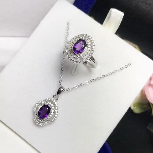 Noble character purple gemstone ring and necklace jewelry set real 925 silver natural gem party gift summer ornament