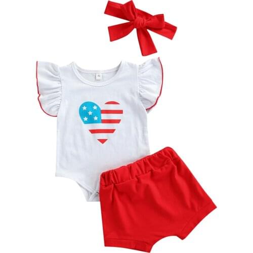 Independence Days Summer Cute Baby Girls Boys Clothes Sets Ruffles Short Sleeve Printed Romper Shorts headband