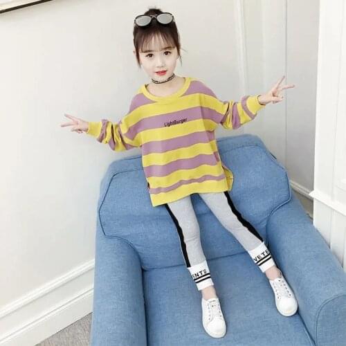 2021 Autumn teenager girls Clothing Stripe Hoodie tracksuit Sweater Shirts + Sport leggings pants 4 5 6 7 8 9 10 11 12 13 Years